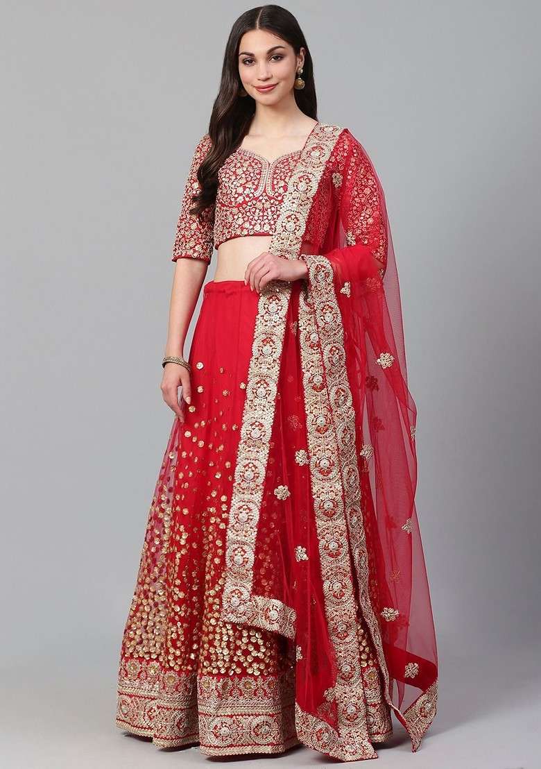 Red Emboridered Blended Lehenga Choli - Indya
