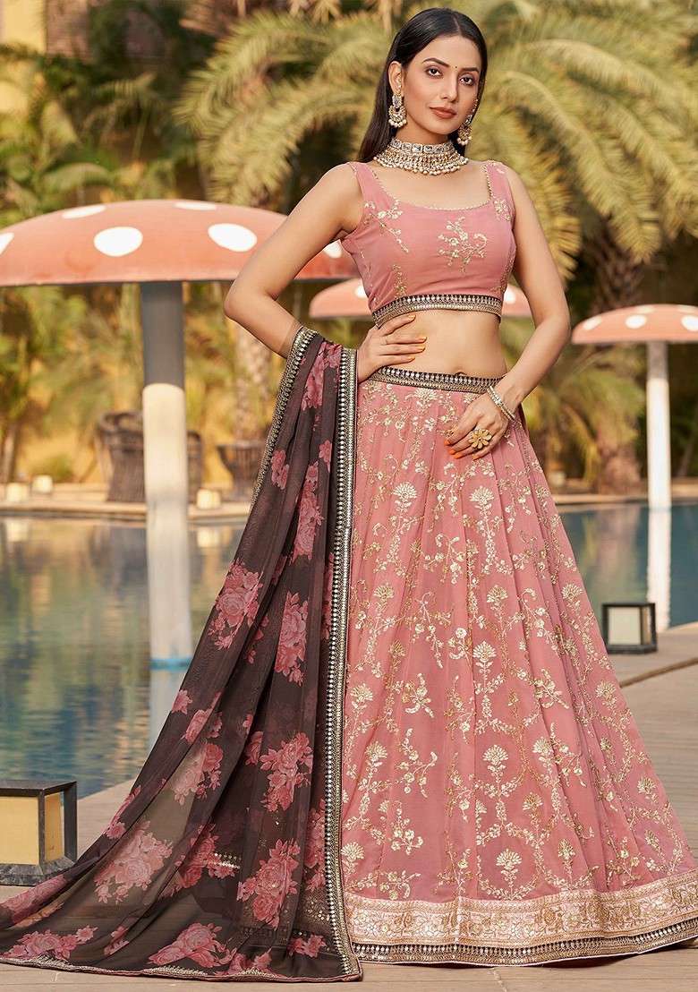 Pink Embellished Blended Lehenga Choli - Indya