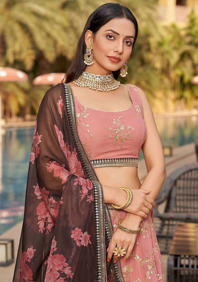 Pink Embellished Blended Lehenga Choli - Indya