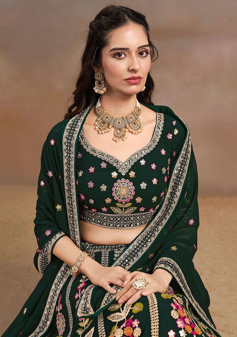 Green Emboridered Blended Lehenga Choli - Indya