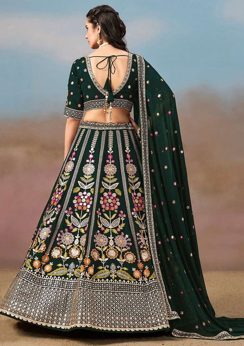 Green Emboridered Blended Lehenga Choli - Indya