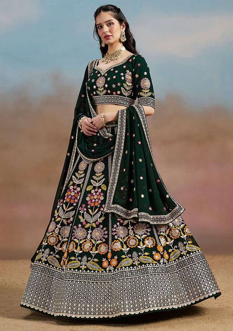 Green Emboridered Blended Lehenga Choli - Indya