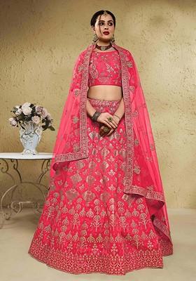 Peach Emboridered Blended Lehenga Choli