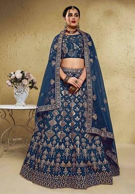 Blue Emboridered Blended Lehenga Choli
