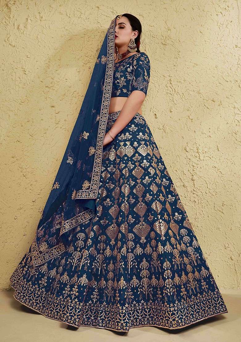 Blue Emboridered Blended Lehenga Choli - Indya