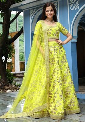 Lime Green Emboridered Blended Lehenga Choli