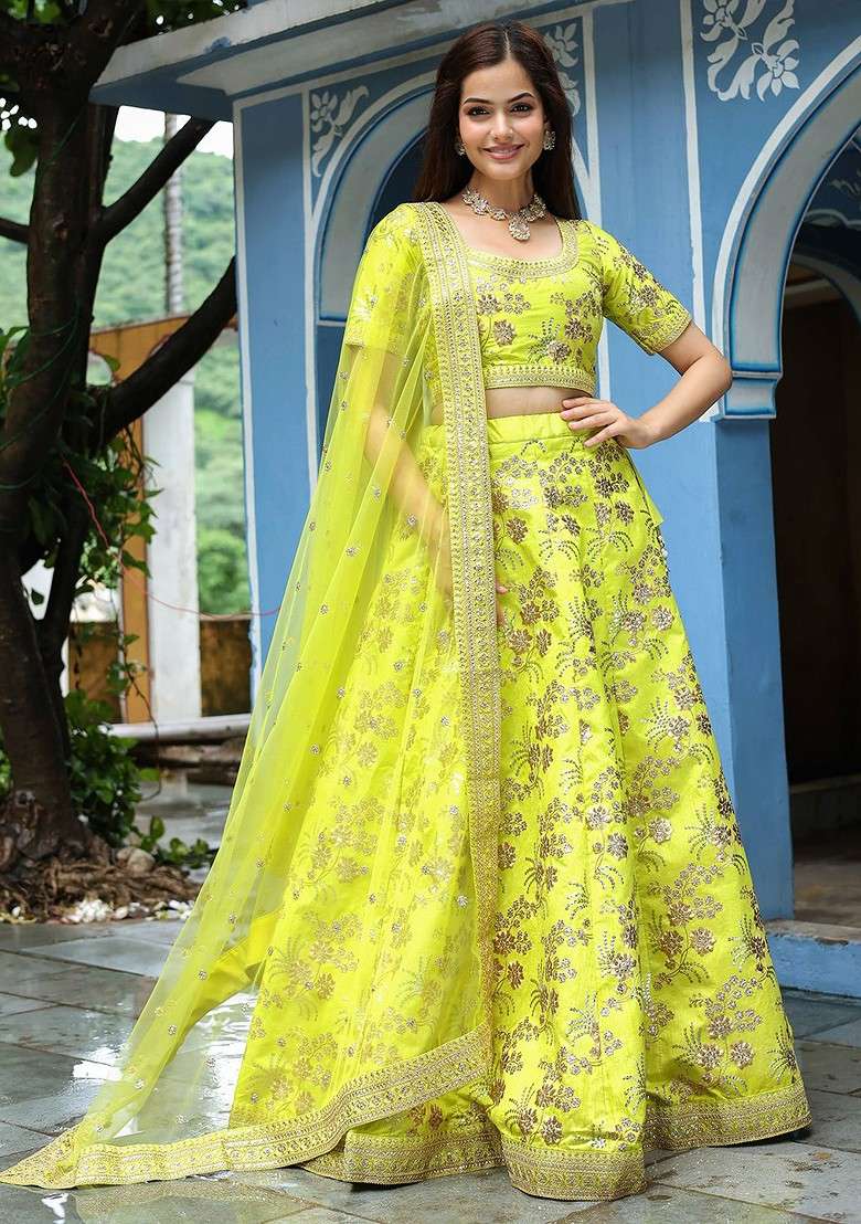 Lime Green Emboridered Blended Lehenga Choli - Indya