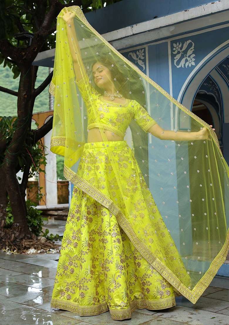 Lime Green Emboridered Blended Lehenga Choli - Indya