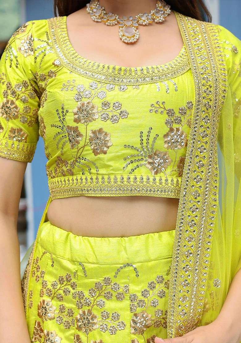 Lime Green Emboridered Blended Lehenga Choli - Indya