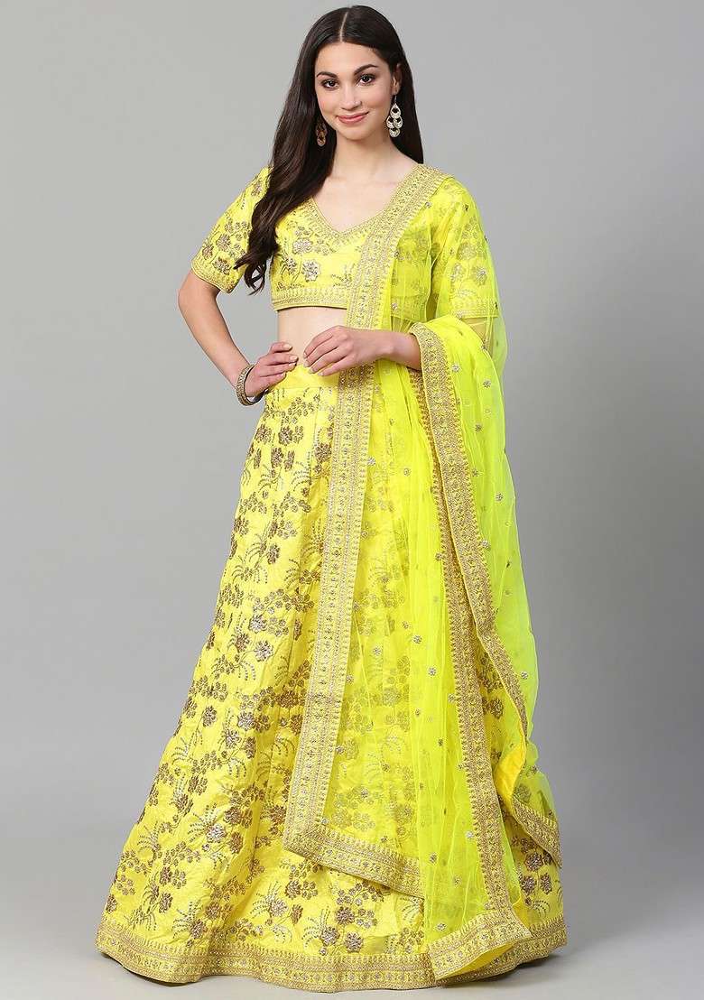Lime Green Emboridered Blended Lehenga Choli - Indya