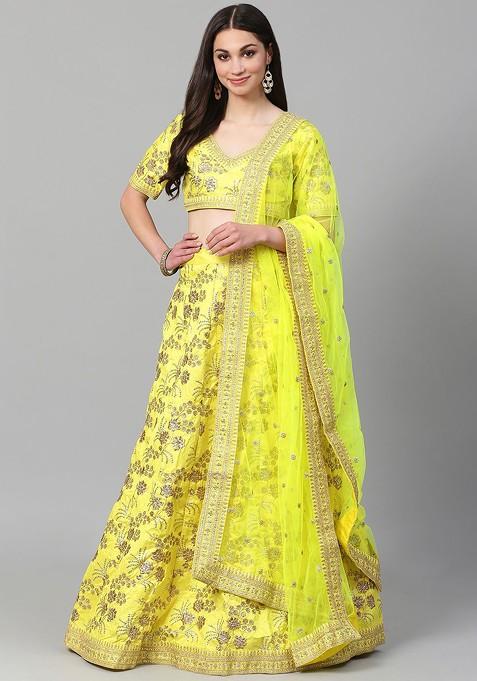 Lime Green Emboridered Blended Lehenga Choli — view on Indya
