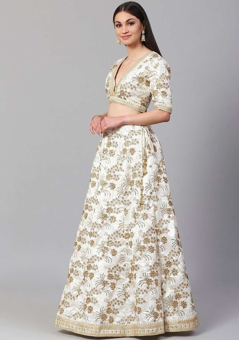 White Emboridered Blended Lehenga Choli - Indya