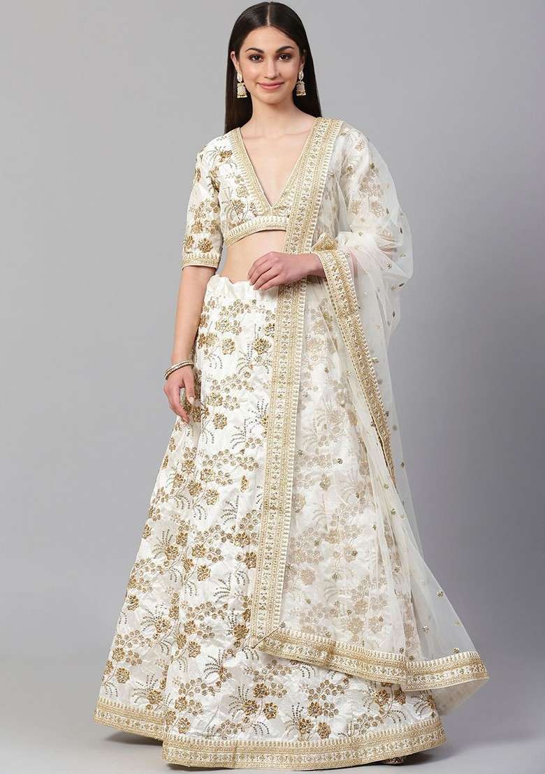 White Emboridered Blended Lehenga Choli - Indya