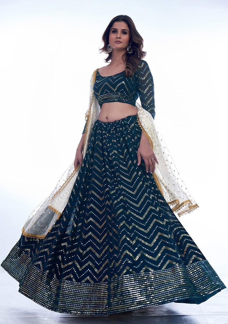 Teal Embellished Blended Lehenga Choli - Indya