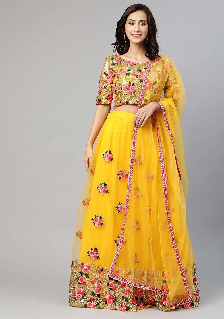 Yellow Emboridered Blended Lehenga Choli - Indya