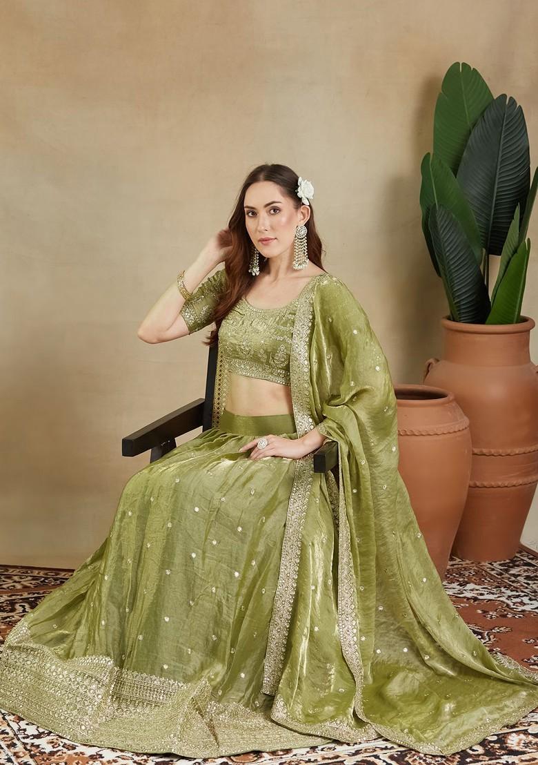 Olive Emboridered Blended Lehenga Choli - Indya