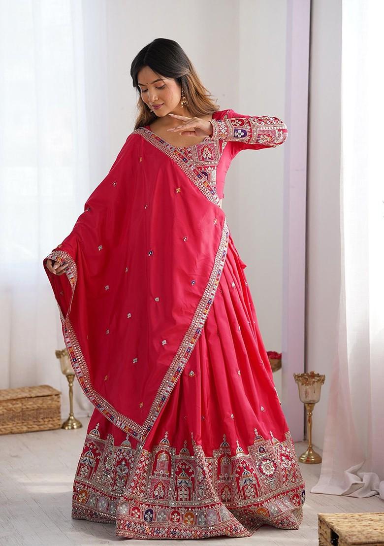 Red Emboridered Blended Lehenga Choli - Indya