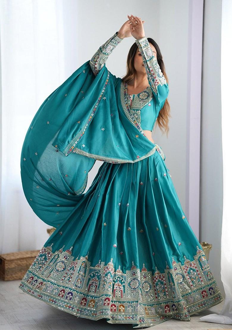 Teal Emboridered Blended Lehenga Choli - Indya