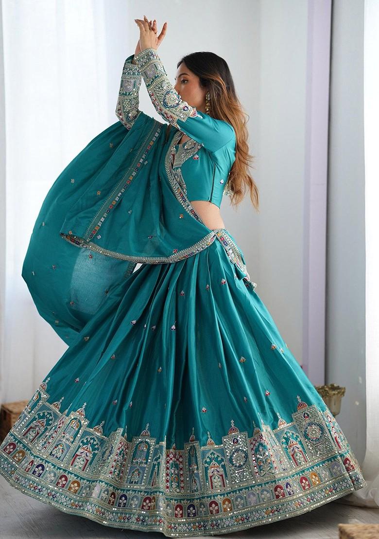 Teal Emboridered Blended Lehenga Choli - Indya