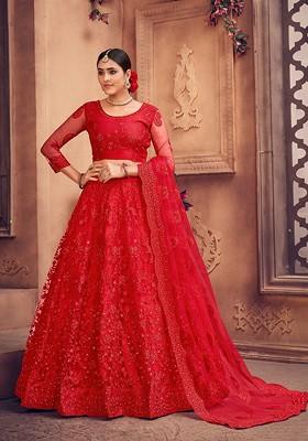 Red Emboridered Blended Lehenga Choli