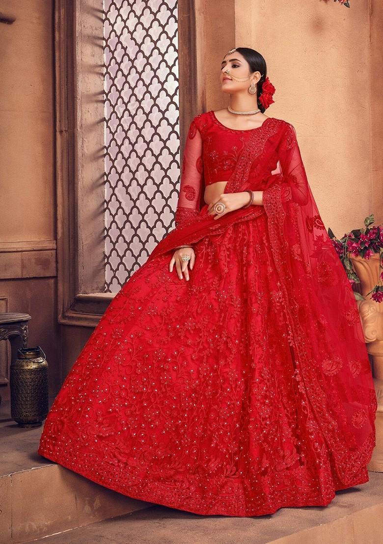 Red Emboridered Blended Lehenga Choli - Indya