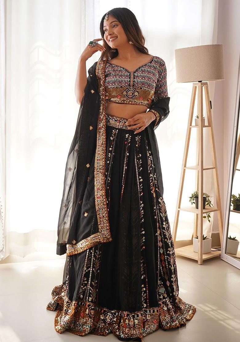 Black Emboridered Blended Lehenga Choli - Indya