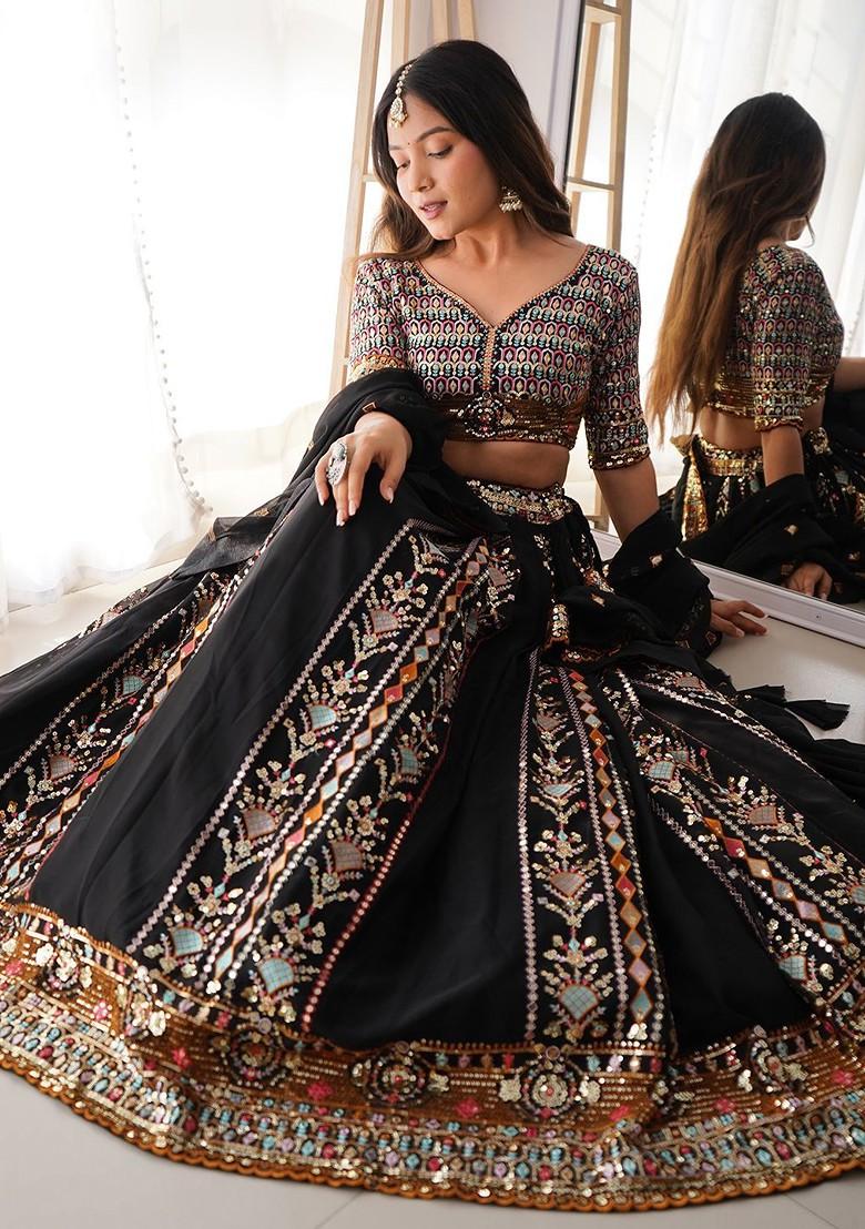 Black Emboridered Blended Lehenga Choli - Indya