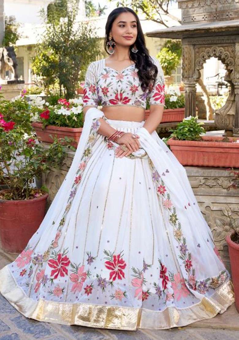 White Emboridered Blended Lehenga Choli - Indya
