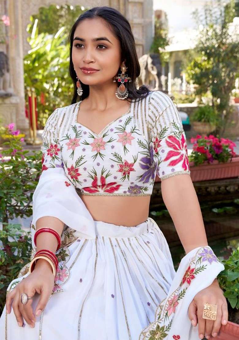 White Emboridered Blended Lehenga Choli - Indya