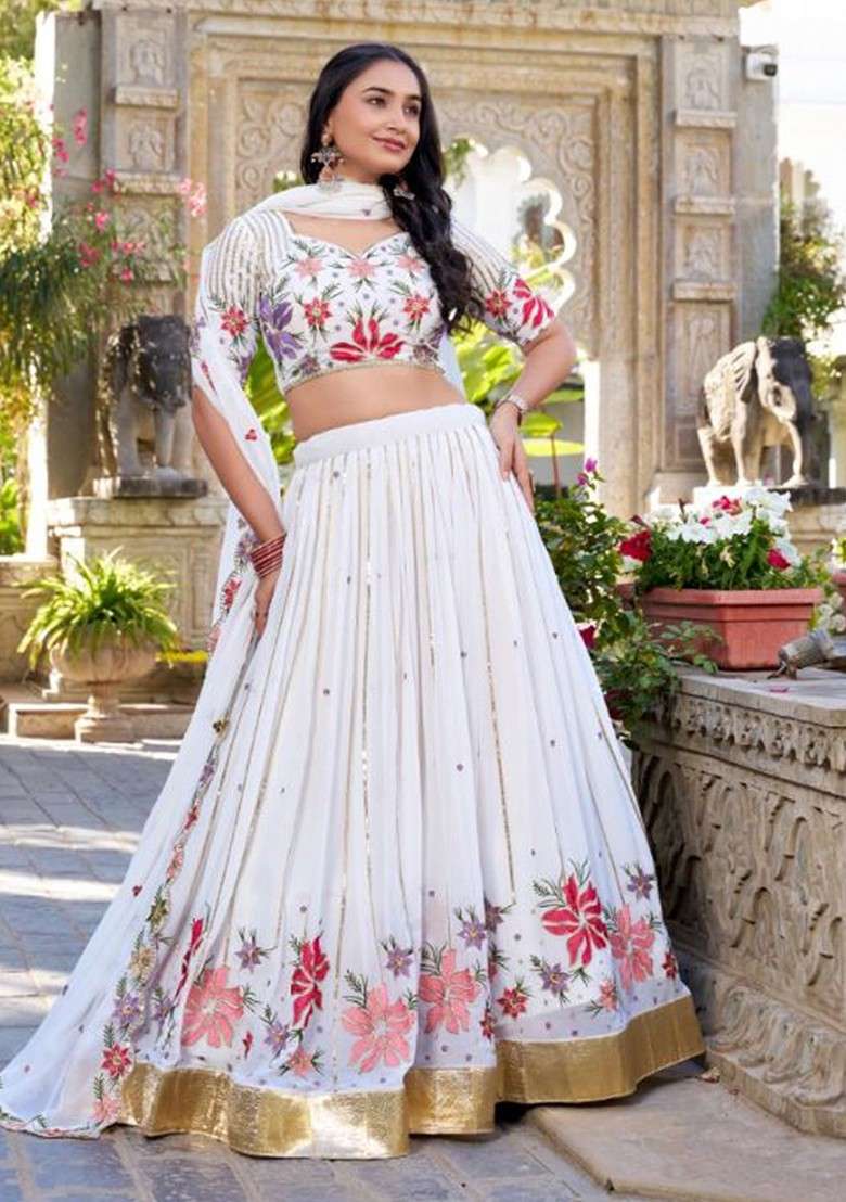 White Emboridered Blended Lehenga Choli - Indya