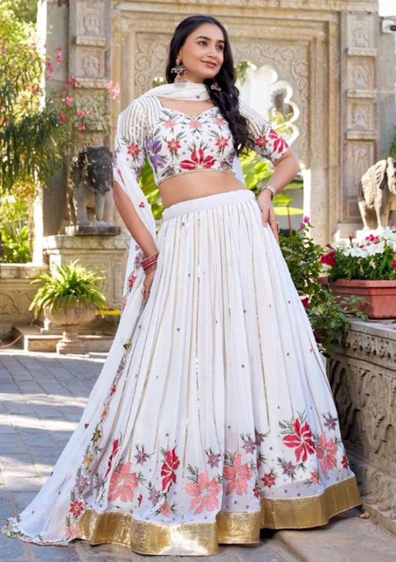 White Emboridered Blended Lehenga Choli - Indya