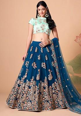 Blue Emboridered Blended Lehenga Choli