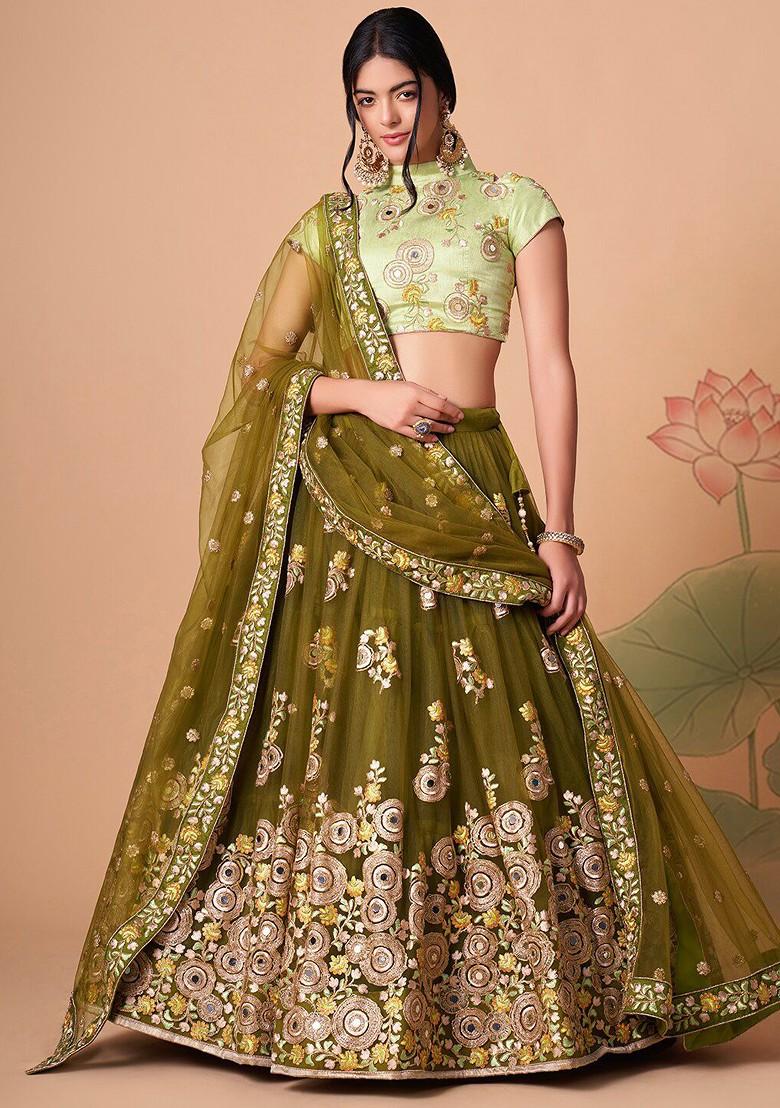 Green Emboridered Blended Lehenga Choli - Indya
