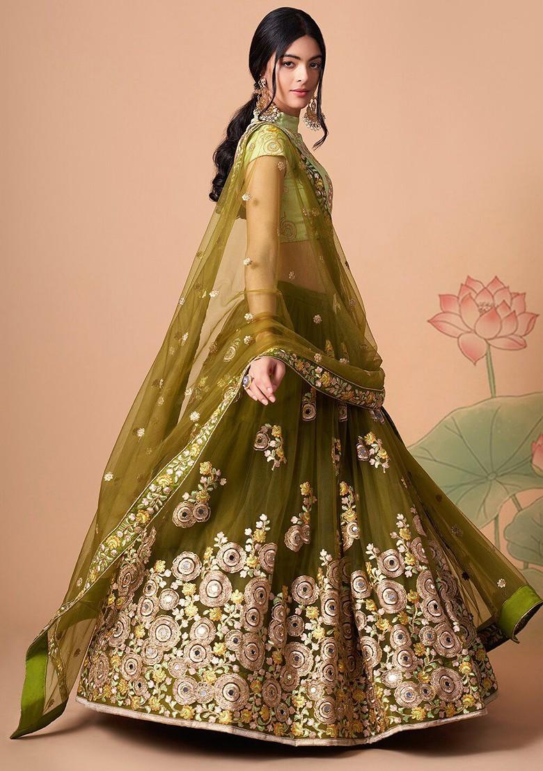 Green Emboridered Blended Lehenga Choli - Indya