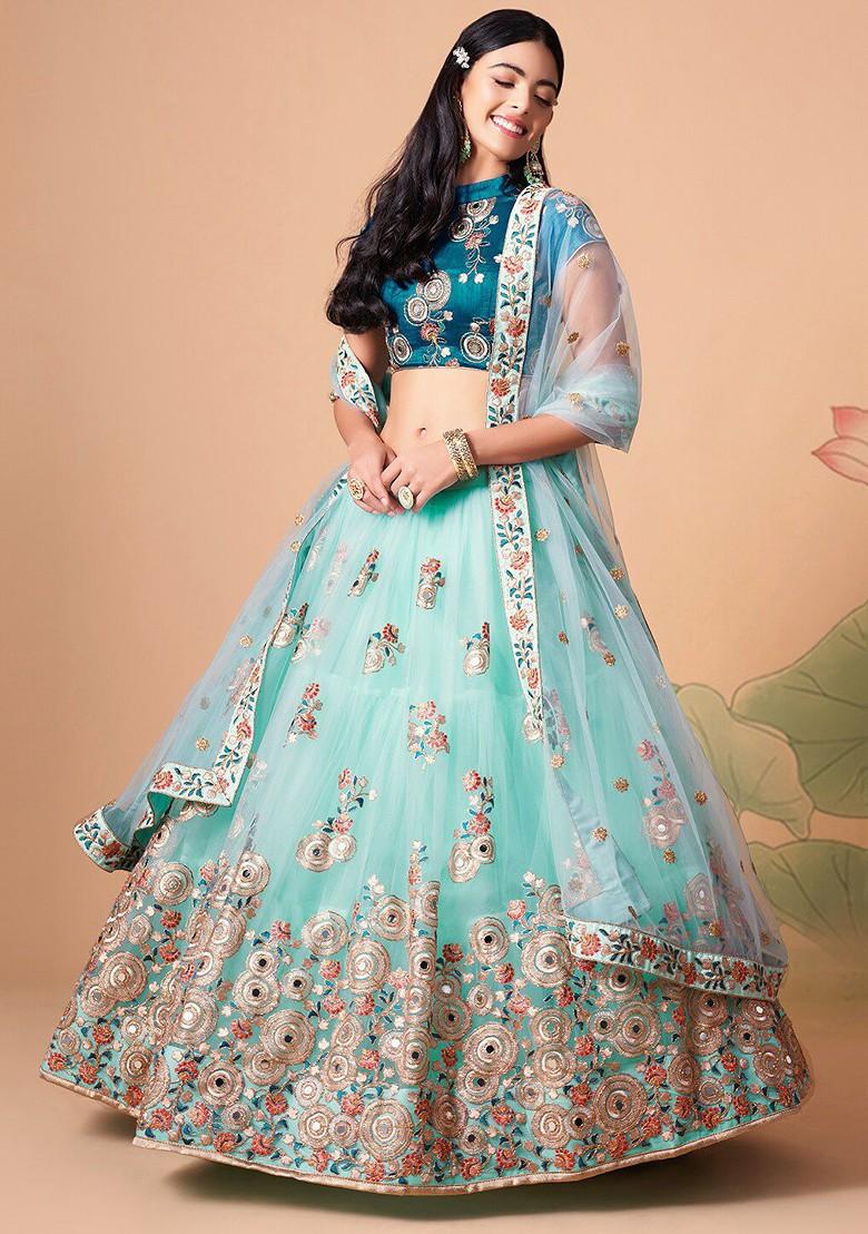 Turquoise Blue Emboridered Blended Lehenga Choli - Indya