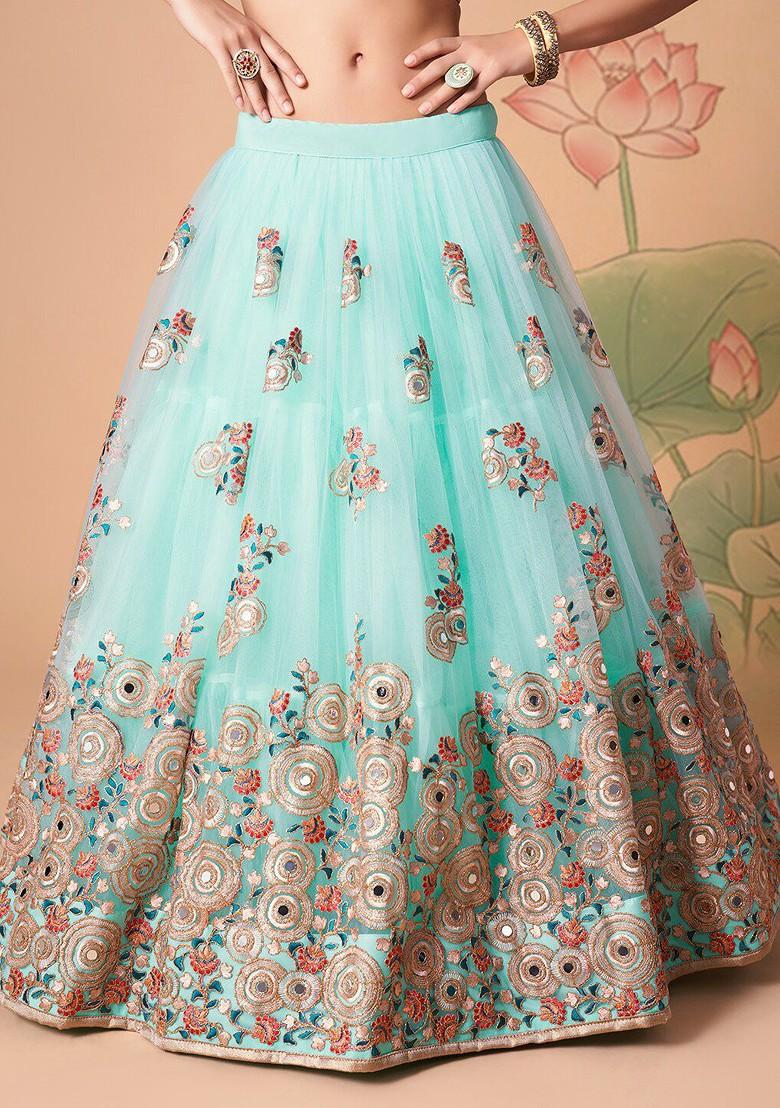 Turquoise Blue Emboridered Blended Lehenga Choli - Indya