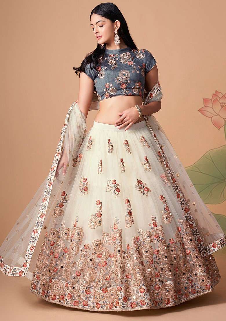 Off White Emboridered Blended Lehenga Choli - Indya