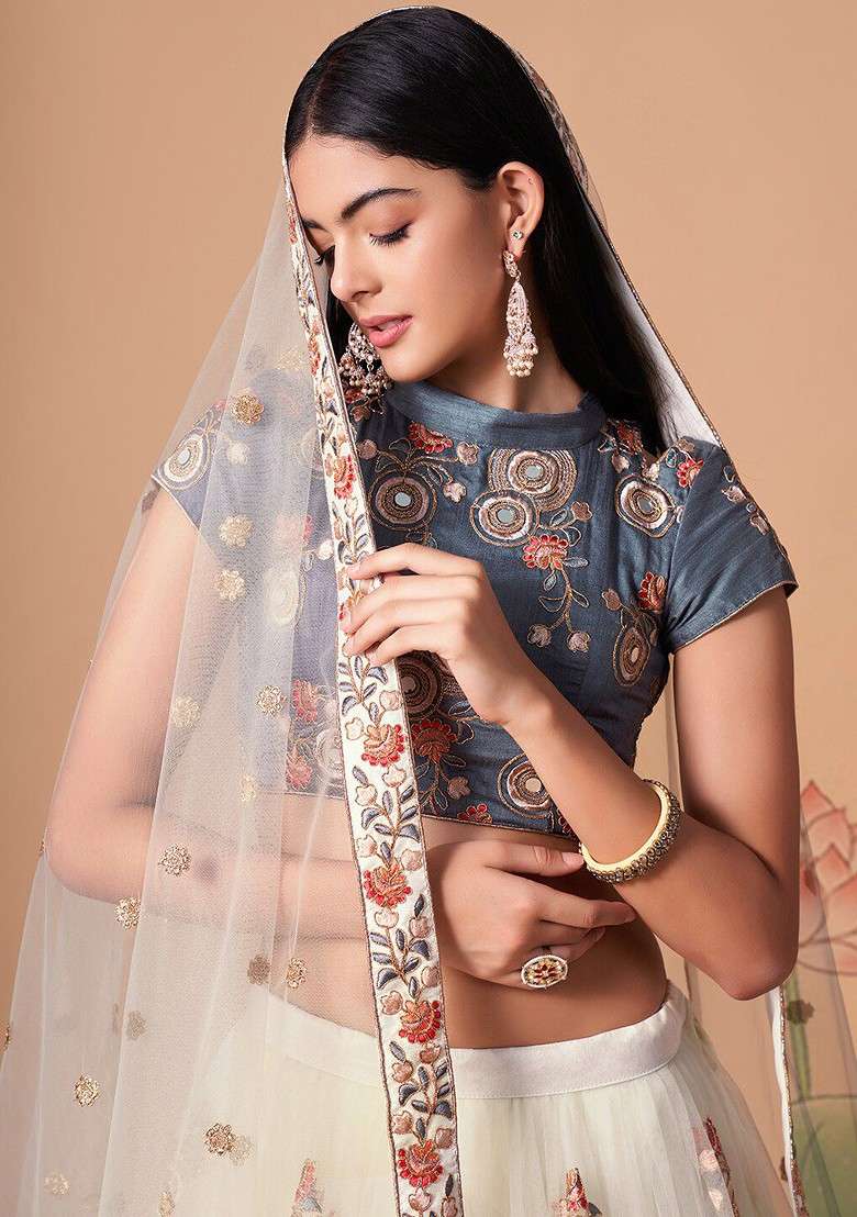 Off White Emboridered Blended Lehenga Choli - Indya