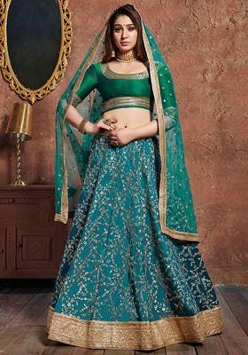 Turquoise Blue Emboridered Blended Lehenga Choli
