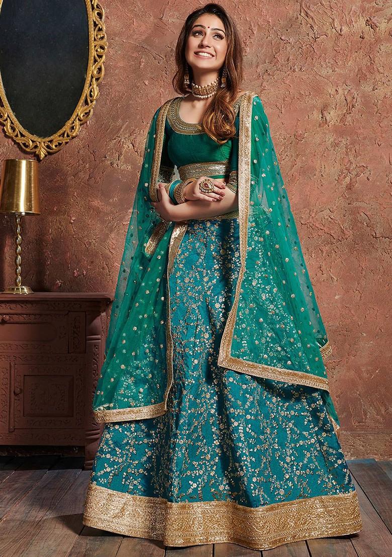 Turquoise Blue Emboridered Blended Lehenga Choli - Indya