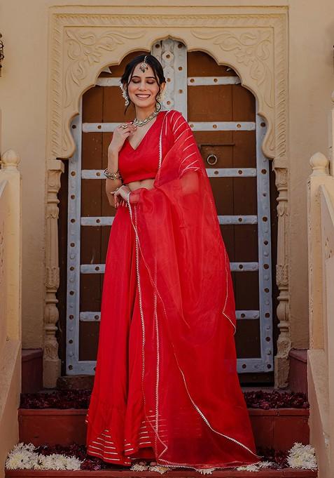 Red Emboridered Blended Lehenga Choli