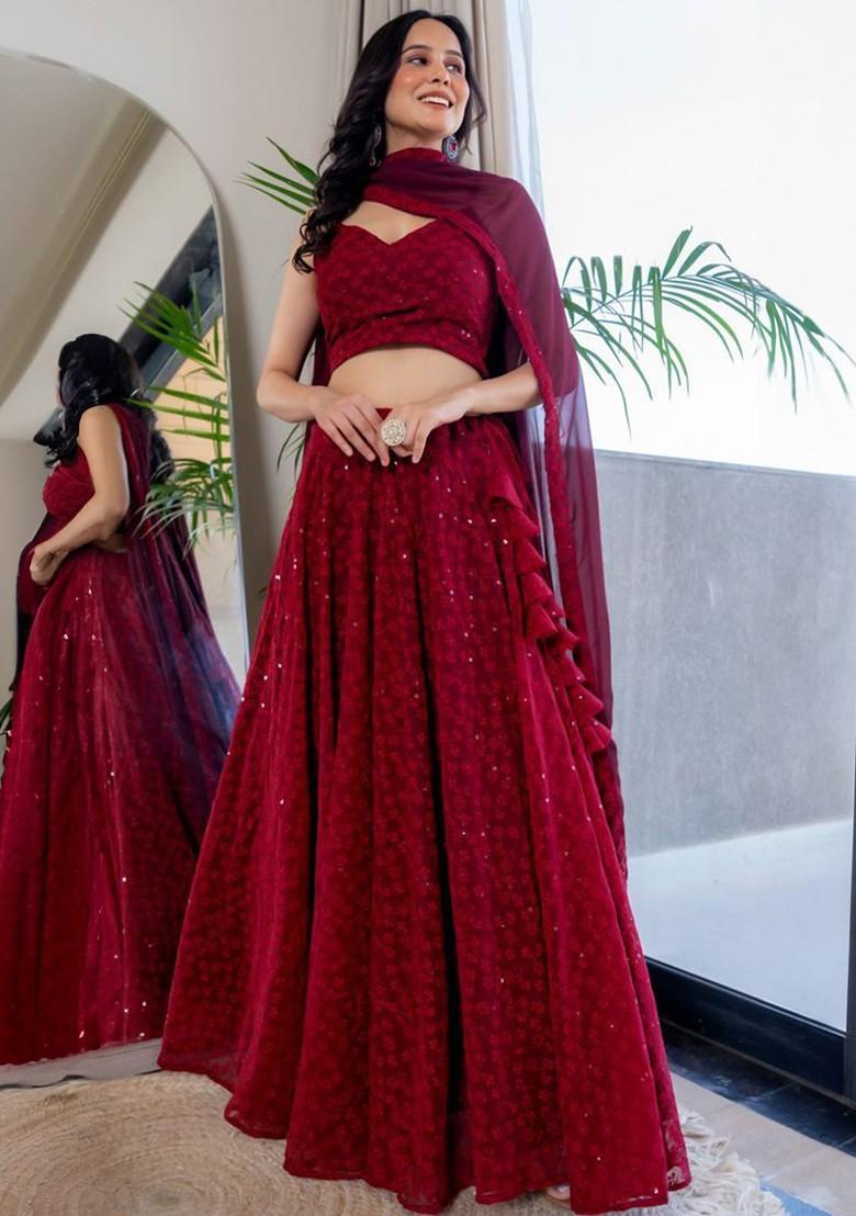 Maroon Embellished Blended Lehenga Choli