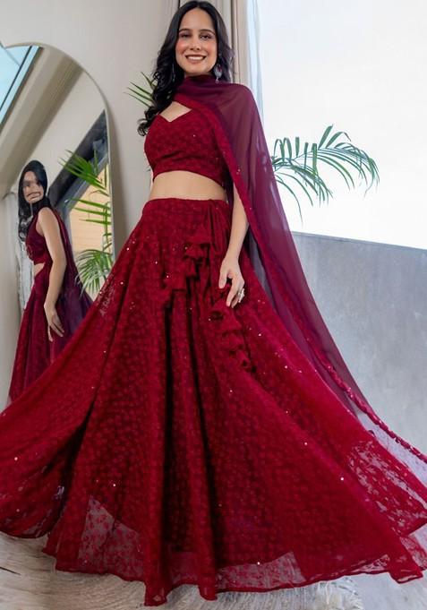 Maroon Embellished Blended Lehenga Choli