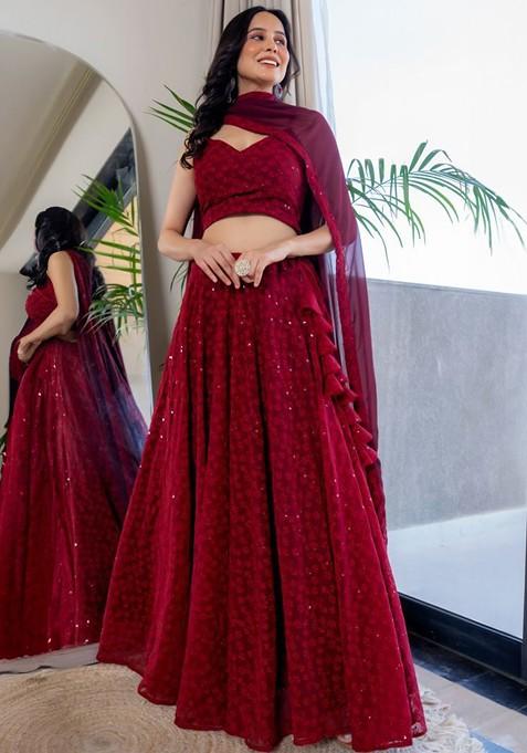 Maroon Embellished Blended Lehenga Choli