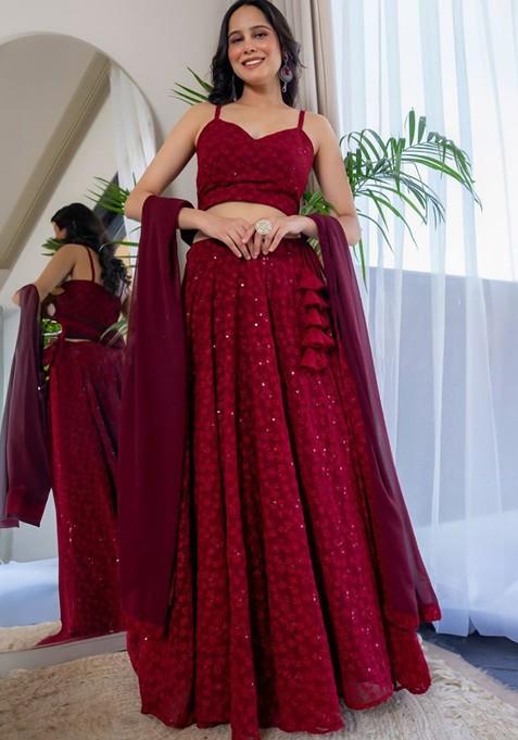Maroon Embellished Blended Lehenga Choli