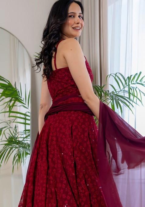 Maroon Embellished Blended Lehenga Choli