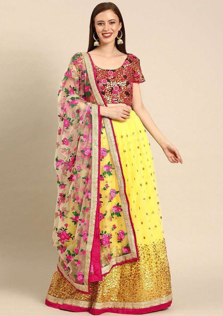 Yellow Emboridered Blended Lehenga Choli - Indya