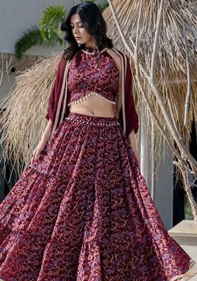 Maroon Emboridered Blended Lehenga Choli