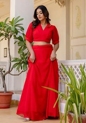 Red Emboridered Blended Lehenga Choli