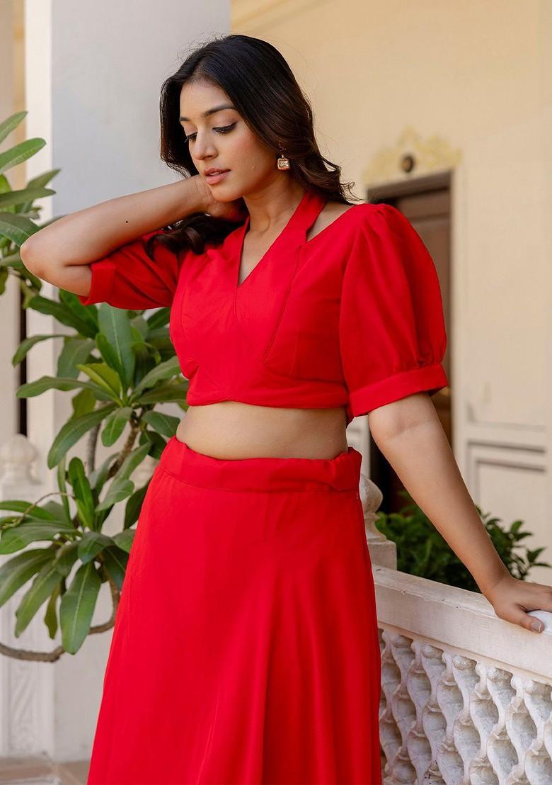 Red Emboridered Blended Lehenga Choli - Indya